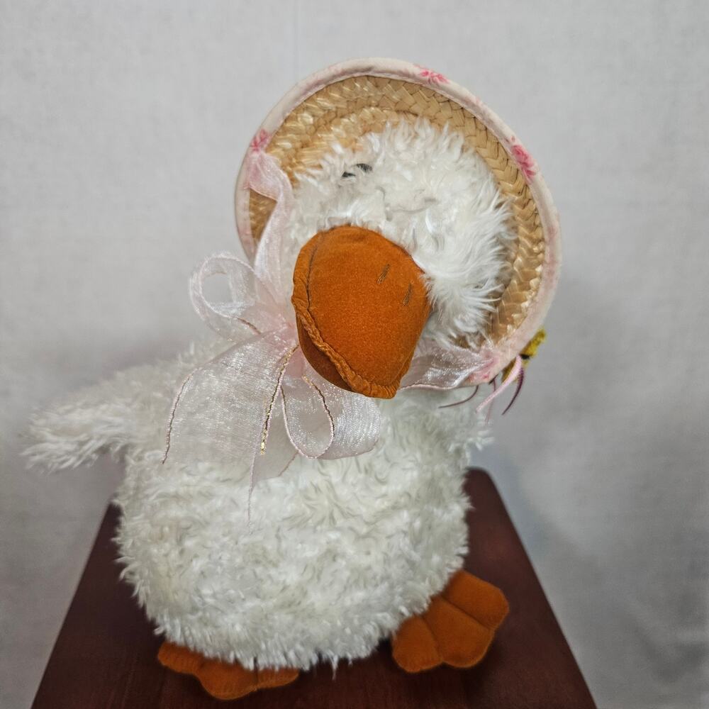 Vintage Walmart Easter Mother Goose Plush White Swan Straw Hat Flower 12"